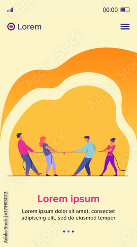 People pulling opposite ends of rope flat vector illustration. Tug of war contest between office workers. Competition challenge and confrontation concept
