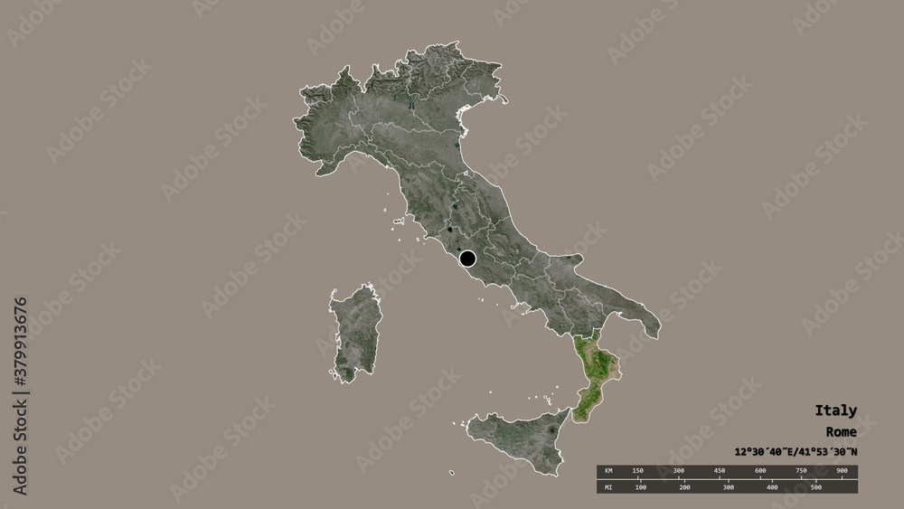 Location of Calabria, region of Italy,. Satellite