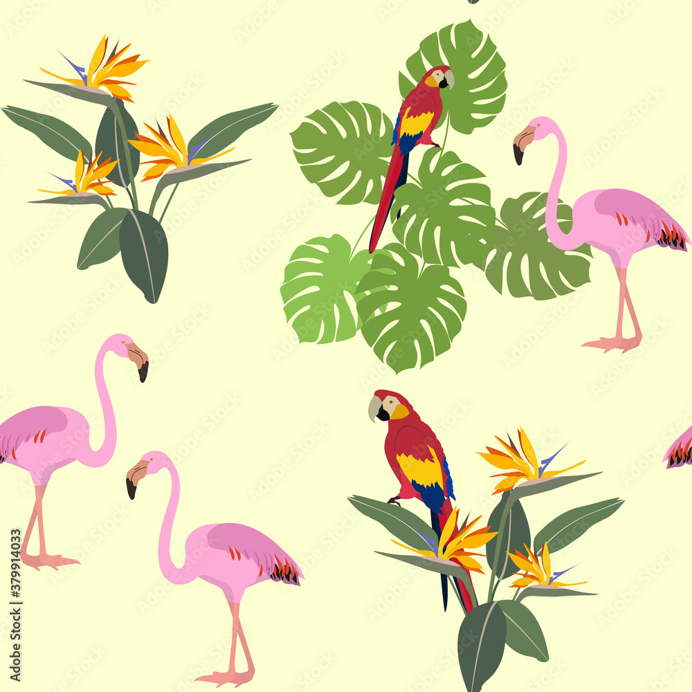 Seamless vector illustration with flamingos, parrot and tropical plants and flowers. Seamless vector illustration with flamingos, parrot and tropical plants and flowers.