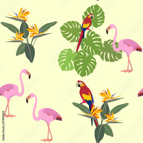 Seamless vector illustration with flamingos  parrot and tropical plants and flowers.
