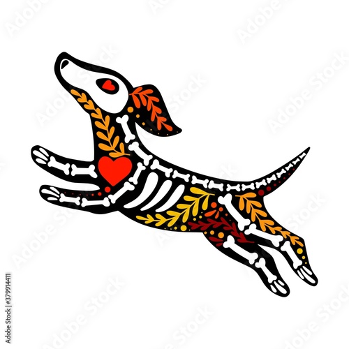 Wallpaper Mural Vector colorful postcard. Dia de los Muertos, Day of the dead or Halloween concept. Flying dog skeleton, with floral design, isolated on white background Torontodigital.ca