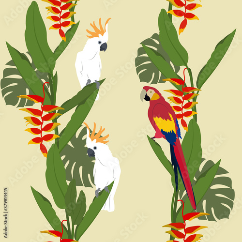 Seamless vector illustration with tropical colors of heliconia and parrots
