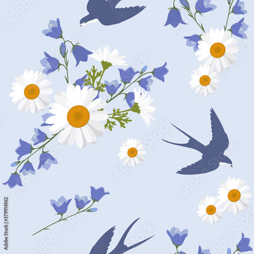 Seamless summer vector illustration with daisies, campanula and swallows.