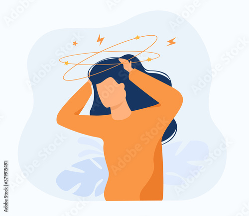 Sick person suffering from vertigo, feeling confused, dizzy and head ache. Flat vector illustration for stress, sickness symptoms, migraine, hangover concept photo