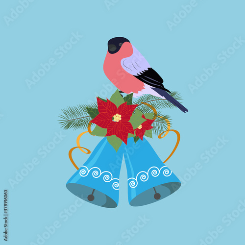 Vector Christmas illustration with bells, branches of spruce, flowers of poinsettia and bullfinch