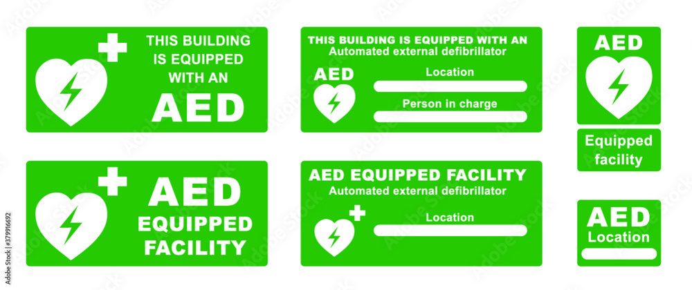 Emergency defibrillator AED AID CPR location signs Stop safety first life icons Vector staff medical logo symbol Automated externalicon label icon Medic bag kit station inside for resuscitation doctor