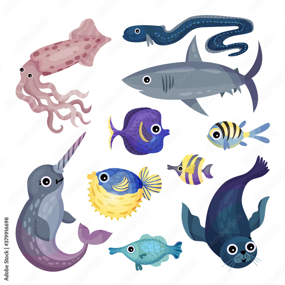 Marine Animals with Shark and Squid Vector Set Marine Animals with Shark and Squid Vector Set