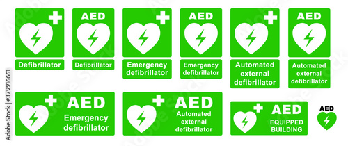 Emergency defibrillator AED AID CPR location signs Stop safety first life icons Vector staff medical logo symbol Automated externalicon label icon Medic bag kit station inside for resuscitation doctor