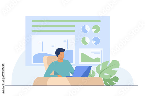 Trader sitting and working at laptop. Bar charts, pie diagrams in background flat vector illustration. Workplace, stock market, communication concept for banner, website design or landing web page