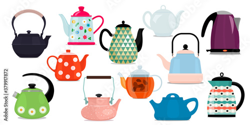 A large set of different teapots for tea cerimonium. ceramic and glassware.