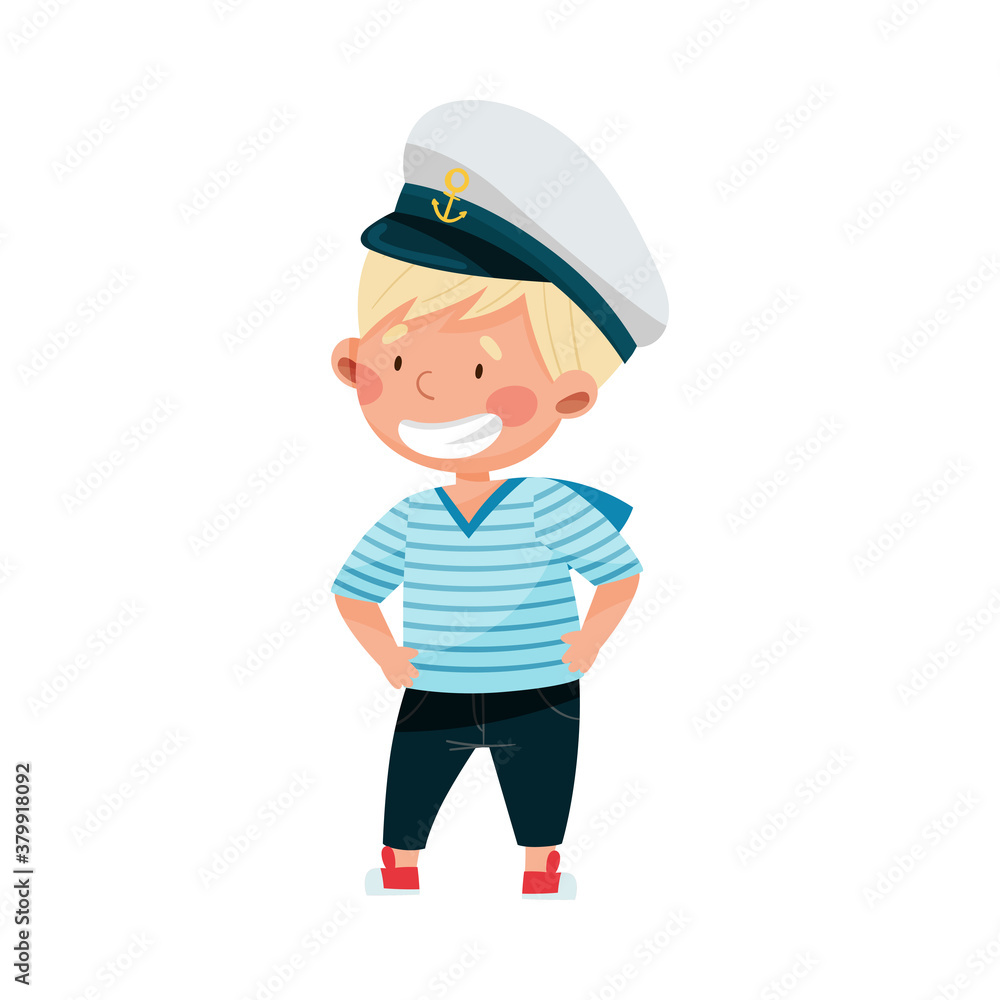 Funny Boy in Mariner Striped Vest and Forage Cap Standing and Smiling Vector Illustration Funny Boy in Mariner Striped Vest and Forage Cap Standing and Smiling Vector Illustration