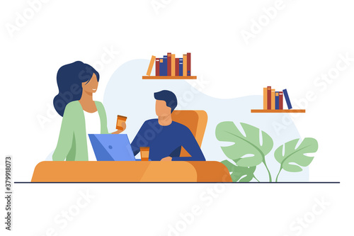 Colleagues drinking coffee in office. Employees holding paper cups, using laptop flat vector illustration. Workplace, coffee break, communication concept for banner, website design or landing web page