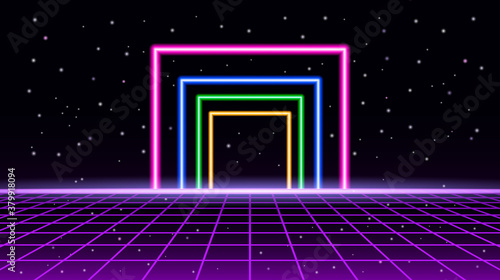 Night starry sky 80s style with neon frame and perspective grid.