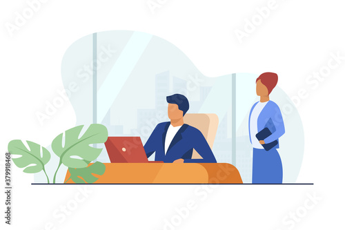 Boss instructing assistant. Office workers sitting and standing at laptop flat vector illustration. Workplace, corporate communication concept for banner, website design or landing web page