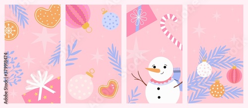 Christmas or new year social media story set with baubles, presents, christmas tree decorations, gingerbread cookies and snowman. Winter theme vertical cute pink backgrounds. Vector illustration. © Katsyarina
