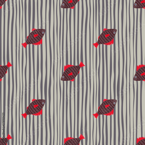 Dark brown fish with red details seamless pattern. Stripped monochrome background with black and white lines.
