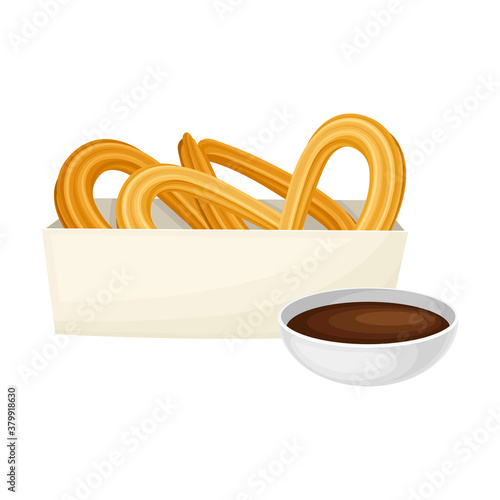 Churros from Choux Pastry with Hot Chocolate as Spanish Cuisine Dessert Served on Plate Vector Illustration