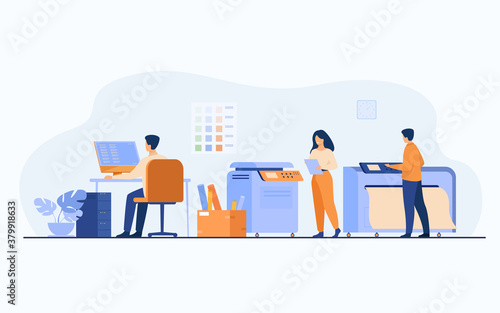 Print house workers using computers and operating big commercial printers for printing banners and posters. Vector illustration for ad agency, printing industry, advertising design concept