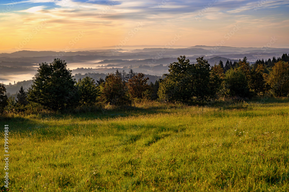 Early morning misty foothill landscape, Czech Paradise.