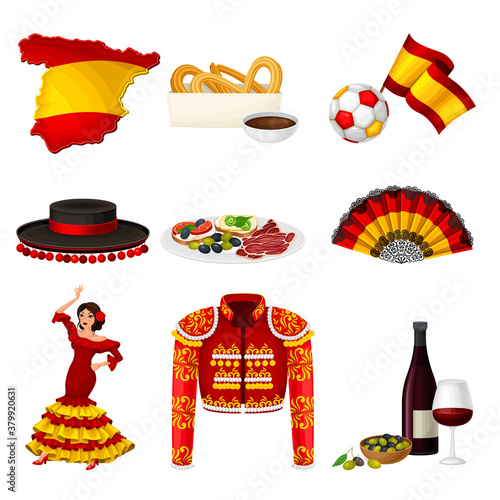 Spain Attributes with Woman Dancing Flamenco and Flag Vector Illustration Set