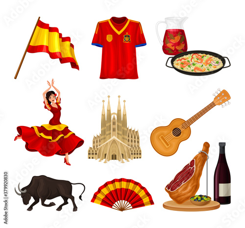 Spain Attributes with Woman Dancing Flamenco and Flag Vector Illustration Set