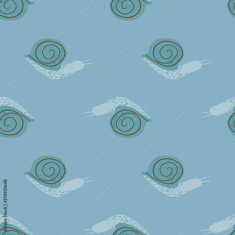 Blue palette seamless pattern with snail ornament. Doodle animalistic print with spiral shapes. Wildlife backdrop.