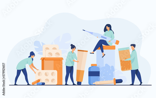 Pharmacists holding bottles with antibiotic pills, vitamins, drugs, thermometer, ointment tube. Vector illustration for drugstore, medical store, pharmacy, pharmaceutical business concept