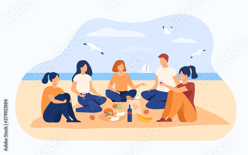 Happy friends sitting on beach, eating and drinking wine. Group of young people meeting for picnic and having lunch by sea. Vector illustration for summer party, having fun, friendship concepts