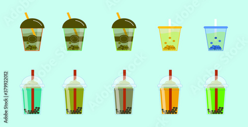 set of bubble tea cup cartoon icon design template with various models. vector illustration isolated on blue background