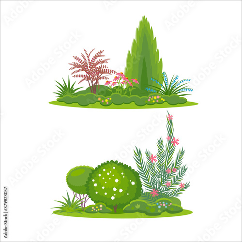 Two composition of mixed flowers border templates . Color vector isolated  illustration in flat style for landscape and garden design.