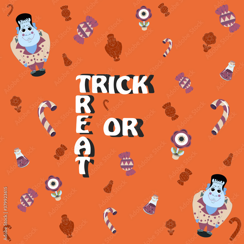 Halloween themed card with attributes on the orange background with the inscription