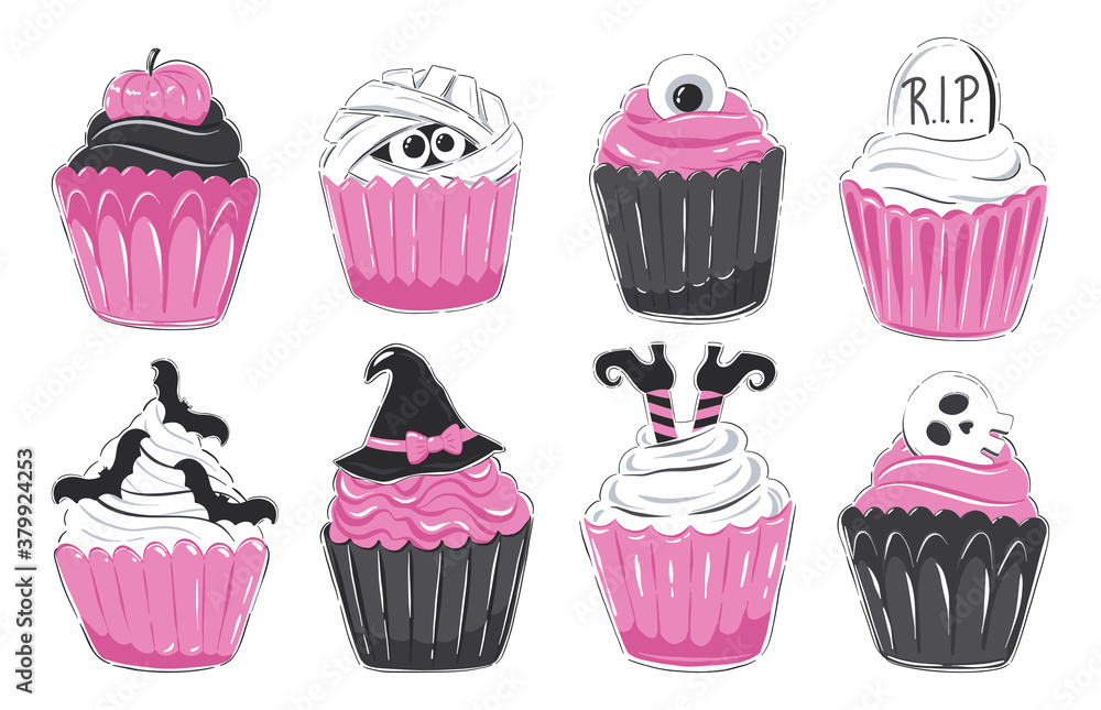Set of Halloween cupcakes. Collection of clipart. Cute and funny