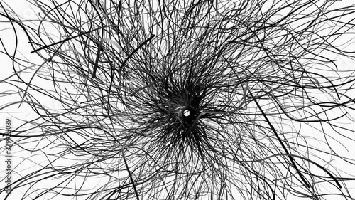 Abstract tangle of moving black ribbons. Dark matter wriggles through space.