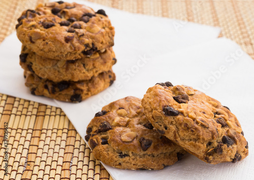 cookies with chocolate and hazelnuts lie on the table