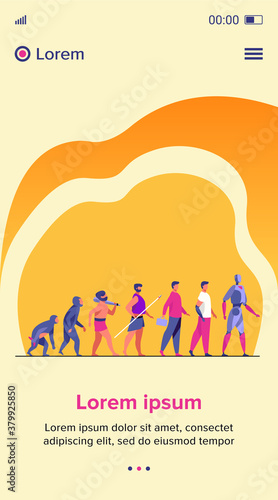 Human evolution from monkey to cyborg. Primate, ancestor, caveman, homo sapience, disabled man with prosthesis, robot. Vector illustration for anthropology, history, development concept