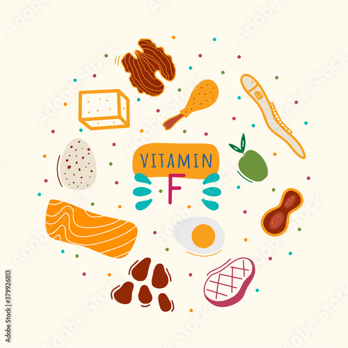 Vitamin f containing foods: chicken, beef, eel, butter, walnut, peanut, salmon, pine nut, melt egg, chicken egg, olive. Fatty acids omega 3 and omega 6 containing foods hand drawn vector illustration.