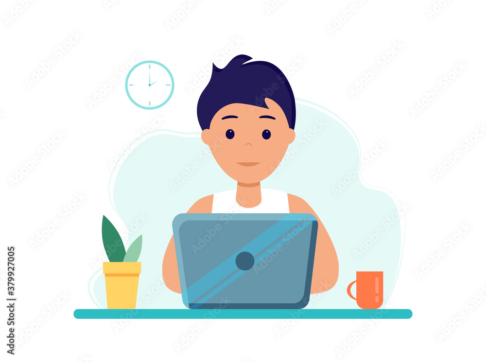 Young man at laptop. Home office during coronavirus outbreak concept, man works from home. Vector illustration in flat style. Stay at home Young man at laptop. Home office during coronavirus outbreak concept, man works from home. Vector illustration in flat style. Stay at home
