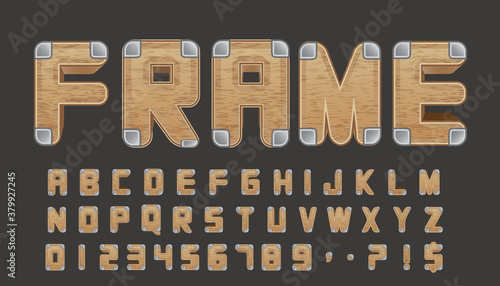 Alphabet set of symbols in the form of wood frame. Eps10 vector.	