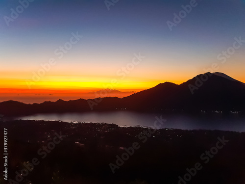 Sunrise panorama view from top of Batur volcano