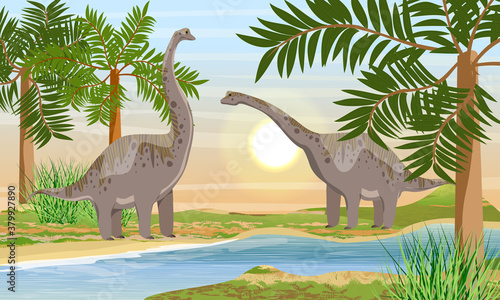 A pair of larger brachosaurs dinosaur on the river bank. Prehistoric flora and fauna. Realistic vector landscape