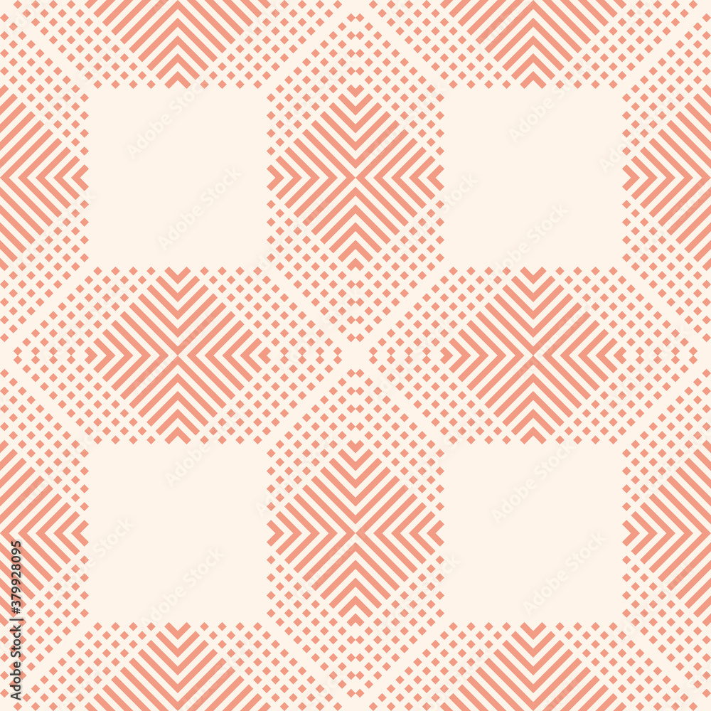Vector geometric seamless pattern with squares, lines, grid, lattice, rhombuses, repeat tiles. Simple modern pink and white texture. Abstract minimal geo background. Stylish design for decor, print Vector geometric seamless pattern with squares, lines, grid, lattice, rhombuses, repeat tiles. Simple modern pink and white texture. Abstract minimal geo background. Stylish design for decor, print