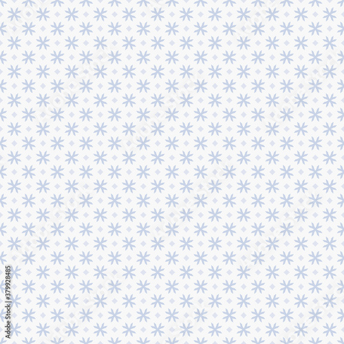 Winter seamless pattern. Vector geometric background with small stylized snowflakes, tiny diamonds. Christmas and New Year texture. Elegant blue minimal ornament. Repeat design for decor, wrapping