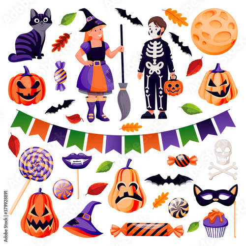 Halloween decoration design elements set. Vector flat cartoon illustration. Pumpkin, candy, black cat, bat, skull icons