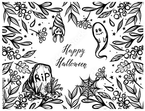 Vector illustration, Happy Halloween,different plants,grave, ghost, bat, mysticism, prints. Handmade, background white