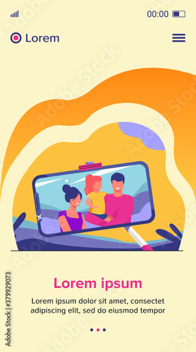 Family selfie photo on phone screen. Parents and kid using smartphone and monopod for taking self portrait outdoors. Vector illustration for leisure, camera, technology concept