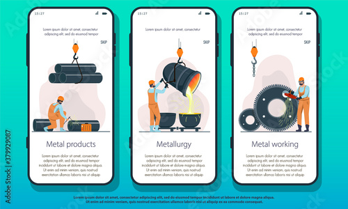 Metallurgy Industry landing page showing Metal Products, Smelting and production and manufacturing or Metalworking, colored vector illustration