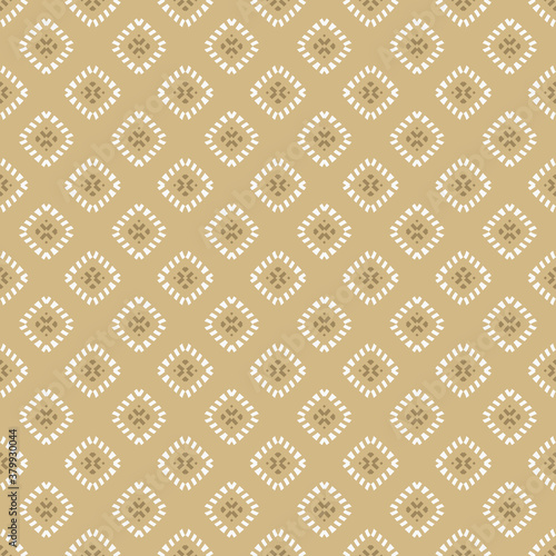Golden vector ornamental seamless pattern. Elegant geometric ornament texture with small flower silhouettes, diamonds, grid. Abstract gold background. Ethnic motif. Luxury repeated tileable design