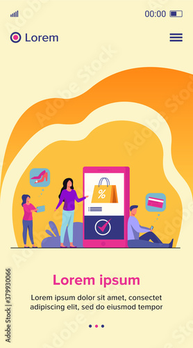 Customers with smartphones shopping online. Men and women buying goods at internet store sales. Vector illustration for e-commerce, security transfer payment concept