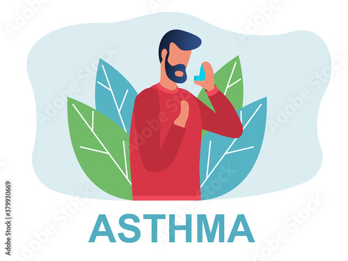A medical poster depicting a bearded man using an inhaler to relieve asthma symptoms. Medical care concept. Flat vector illustration