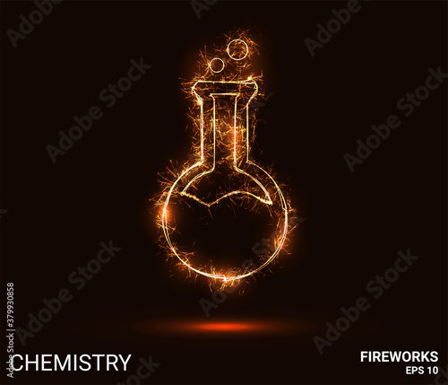 The chemistry of fireworks. A chemical flask consists of sparks and fire. Festive bright fireworks. Decorative element for celebrations and holidays. Vector illustration.